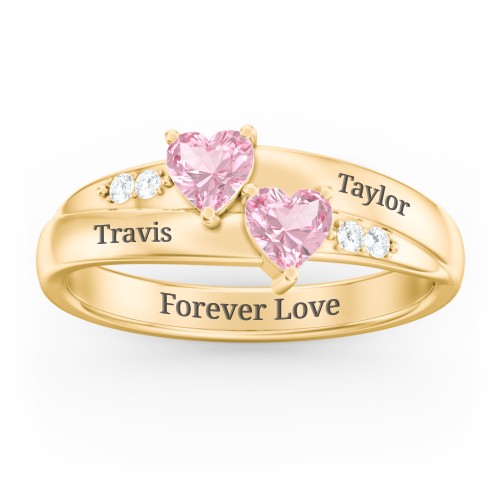Double Heart Gemstone Ring with Accents – 10K Yellow Gold with Pink Tourmaline and Cubic Zirconia