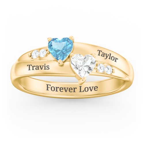 Double Heart Gemstone Ring with Accents – 10K Yellow Gold with Blue Topaz and Cubic Zirconia