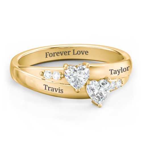 Double Heart Gemstone Ring with Accents – 10K Yellow Gold with Diamond and Cubic Zirconia
