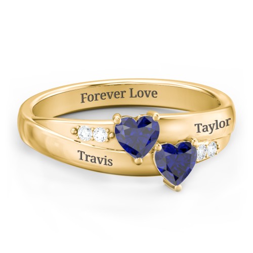 Double Heart Gemstone Ring with Accents – 10K Yellow Gold with Blue Sapphire and Cubic Zirconia