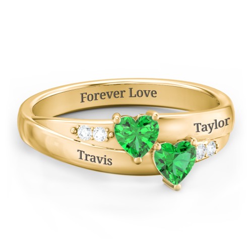 Double Heart Gemstone Ring with Accents – 10K Yellow Gold with Emerald and Cubic Zirconia