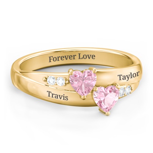 Double Heart Gemstone Ring with Accents – 10K Yellow Gold with Pink Tourmaline and Cubic Zirconia
