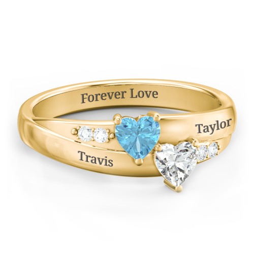 Double Heart Gemstone Ring with Accents – 10K Yellow Gold with Blue Topaz and Cubic Zirconia
