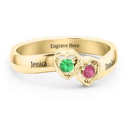 Double Interlocked Hearts Ring in 10K Solid Yellow Gold with Emerald and Ruby