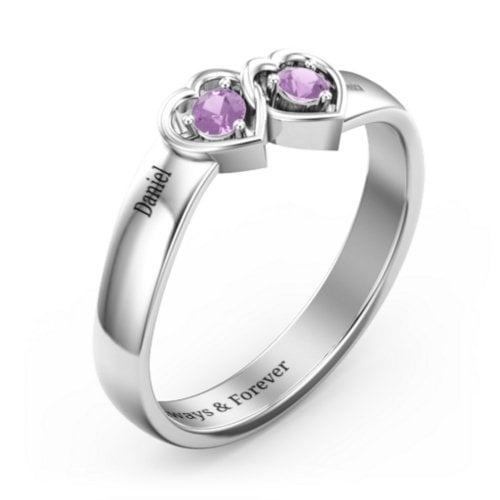 Double Interlocked Hearts Ring – Sterling Silver with Amethyst