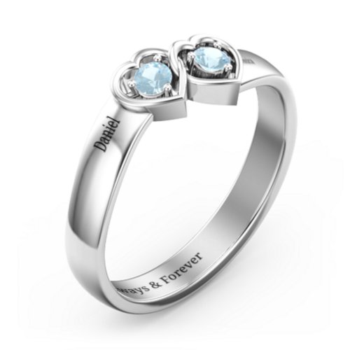 Double Interlocked Hearts Ring – Sterling Silver with Blue Topaz