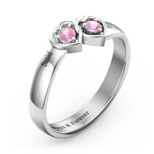 Double Interlocked Hearts Ring – Sterling Silver with Pink Sapphire