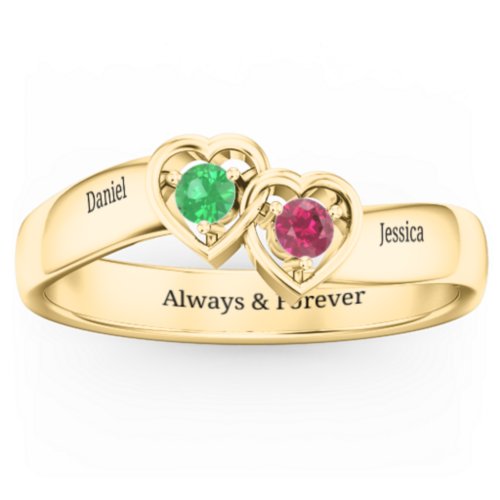 Double Interlocked Hearts Ring – 10K Yellow Gold with Emerald and Ruby