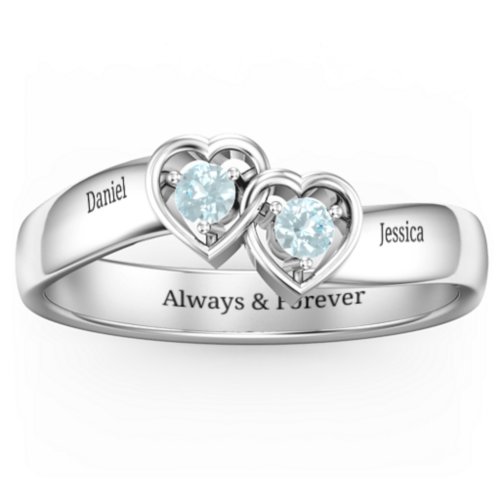 Double Interlocked Hearts Ring – Sterling Silver with Aquamarine