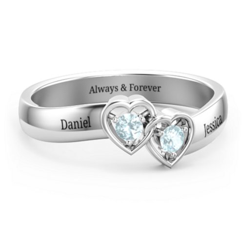 Double Interlocked Hearts Ring – Sterling Silver with Aquamarine