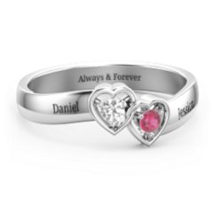 Double Interlocked Hearts Ring – 10K Rose Gold with Cubic Zirconia and Ruby