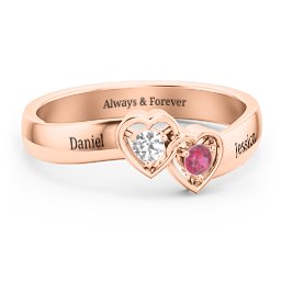 Double Interlocked Hearts Ring in 10K Solid Rose Gold with Cubic Zirconia and Ruby