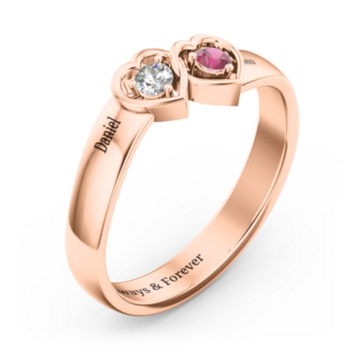 Double Interlocked Hearts Ring – 10K Rose Gold with Cubic Zirconia and Ruby