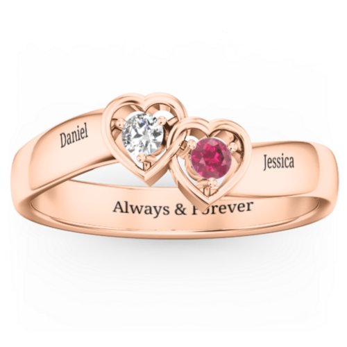 Double Interlocked Hearts Ring – 10K Rose Gold with Cubic Zirconia and Ruby