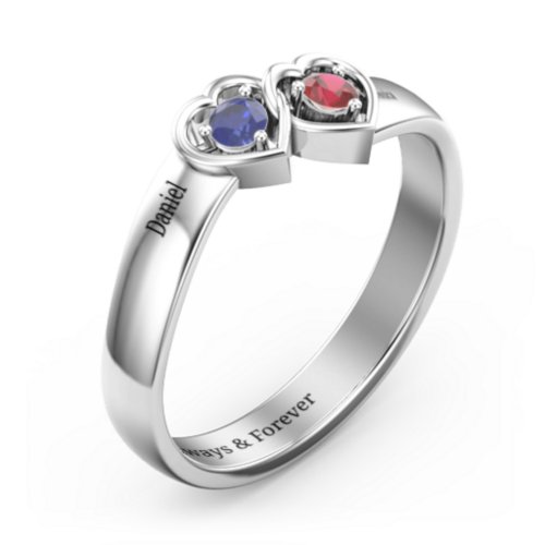 Double Interlocked Hearts Ring – Sterling Silver with Blue Sapphire and Garnet