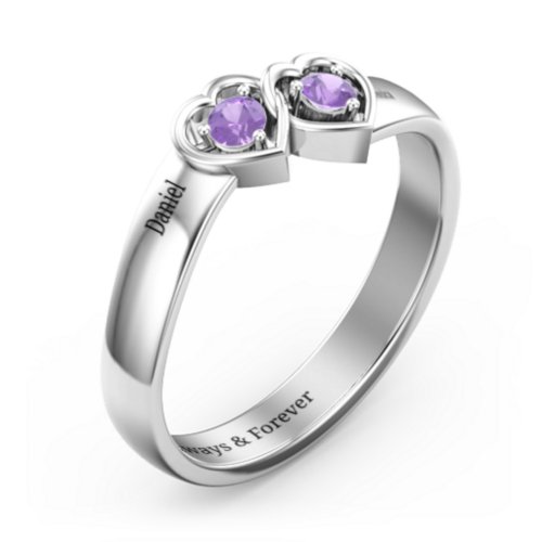 Double Interlocked Hearts Ring – Sterling Silver with Amethyst
