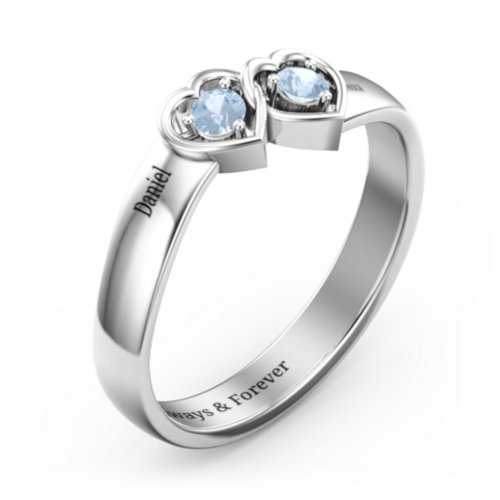 Double Interlocked Hearts Ring – Sterling Silver with Blue Topaz