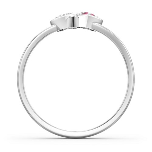 Double Interlocked Hearts Ring – Sterling Silver with Cubic Zirconia and Ruby