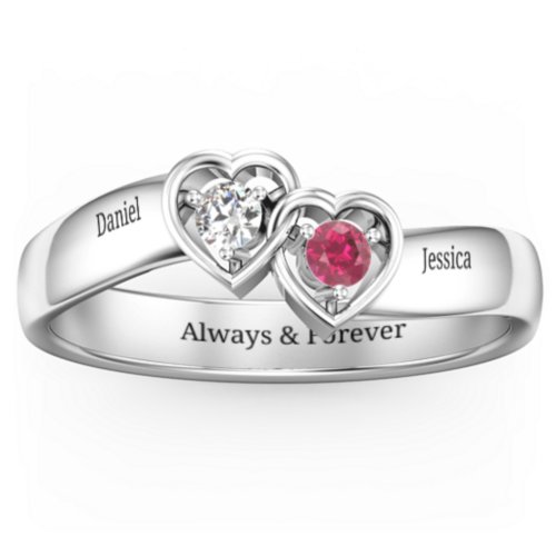 Double Interlocked Hearts Ring – Sterling Silver with Cubic Zirconia and Ruby