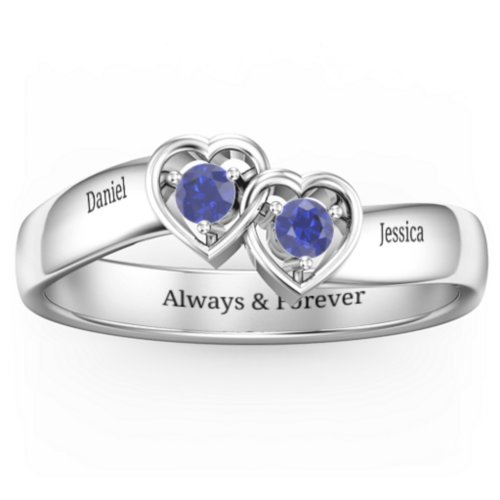 Double Interlocked Hearts Ring – Sterling Silver with Blue Sapphire