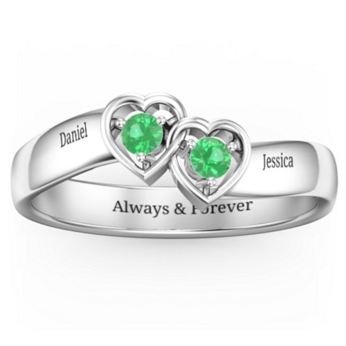 Double Interlocked Hearts Ring – Sterling Silver with Emerald