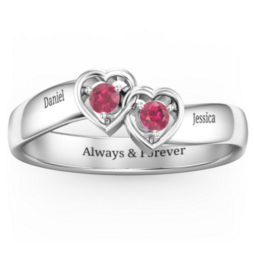 Double Interlocked Hearts Ring – Sterling Silver with Ruby