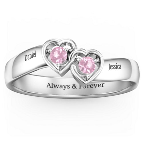 Double Interlocked Hearts Ring – Sterling Silver with Pink Tourmaline