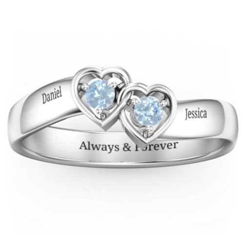 Double Interlocked Hearts Ring – Sterling Silver with Blue Topaz