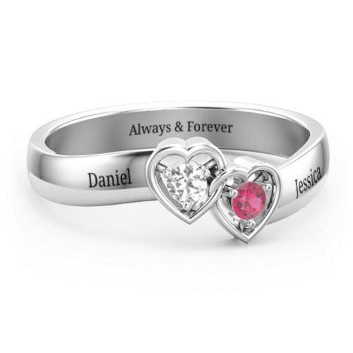 Double Interlocked Hearts Ring – Sterling Silver with Cubic Zirconia and Ruby