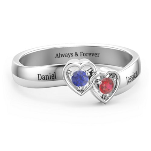Double Interlocked Hearts Ring – Sterling Silver with Blue Sapphire and Garnet