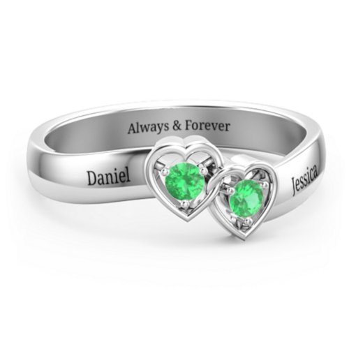 Double Interlocked Hearts Ring – Sterling Silver with Emerald