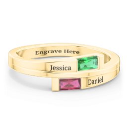 Double Baguette Bypass Ring in 10K Solid Yellow Gold with Emerald and Ruby