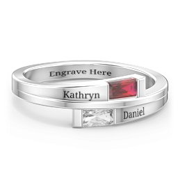 Double Baguette Bypass Ring in 925 Sterling Silver with Garnet and Cubic Zirconia