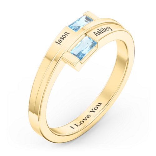 Double Baguette Bypass Ring – 10K Yellow Gold with Blue Topaz
