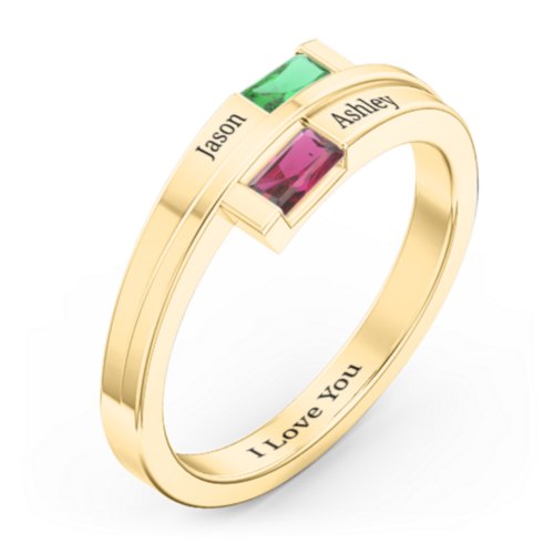 Double Baguette Bypass Ring – 10K Yellow Gold with Emerald and Ruby