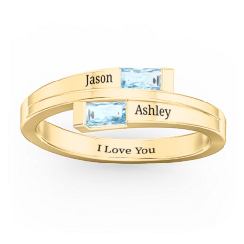 Double Baguette Bypass Ring – 10K Yellow Gold with Blue Topaz