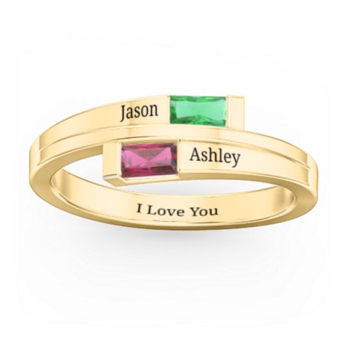 Double Baguette Bypass Ring – 10K Yellow Gold with Emerald and Ruby