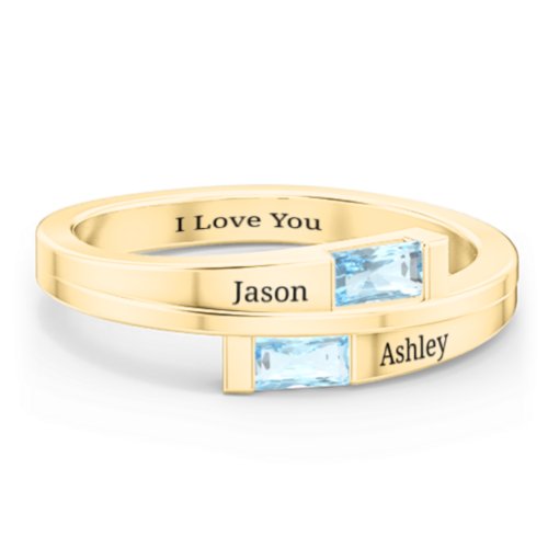 Double Baguette Bypass Ring – 10K Yellow Gold with Blue Topaz