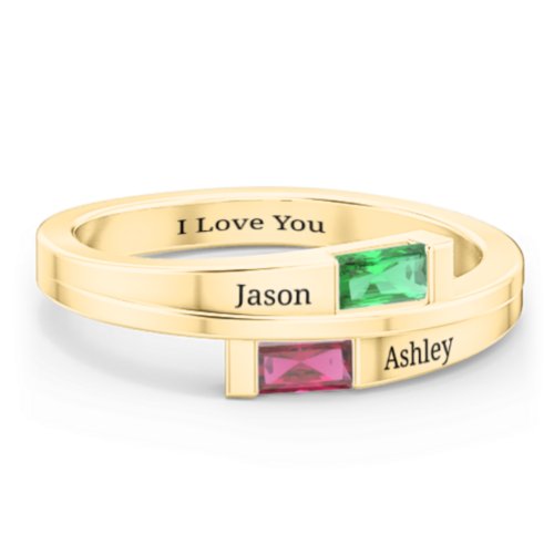 Double Baguette Bypass Ring – 10K Yellow Gold with Emerald and Ruby