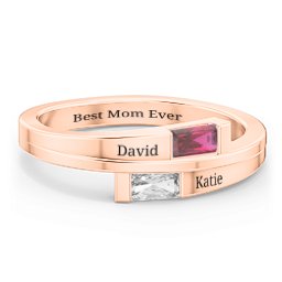 Double Baguette Bypass Ring in 10K Solid Rose Gold with Ruby and Cubic Zirconia