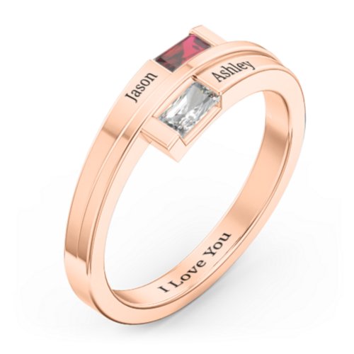 Double Baguette Bypass Ring – 10K Rose Gold with Garnet and Cubic Zirconia