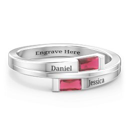 Double Baguette Bypass Ring in 925 Sterling Silver with Ruby