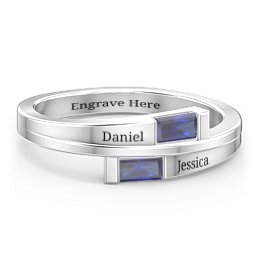 Double Baguette Bypass Ring in 925 Sterling Silver with Blue Sapphire