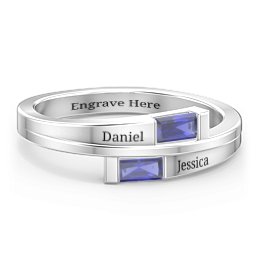 Double Baguette Bypass Ring in 925 Sterling Silver with Blue Sapphire