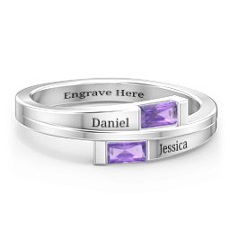 Double Baguette Bypass Ring in 925 Sterling Silver with Amethyst