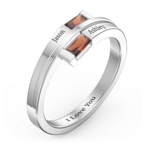 Double Baguette Bypass Ring – Sterling Silver with Garnet