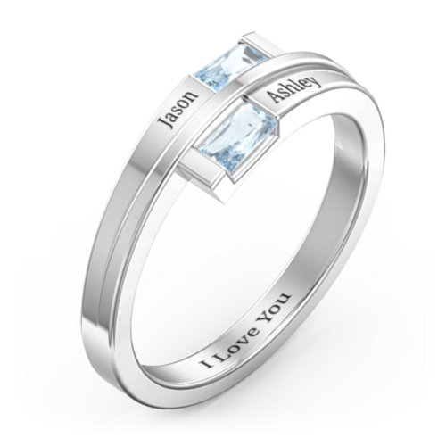 Double Baguette Bypass Ring – Sterling Silver with Aquamarine