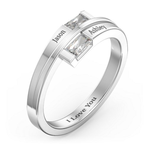 Double Baguette Bypass Ring – Sterling Silver with Diamond