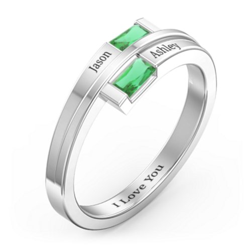 Double Baguette Bypass Ring – Sterling Silver with Emerald