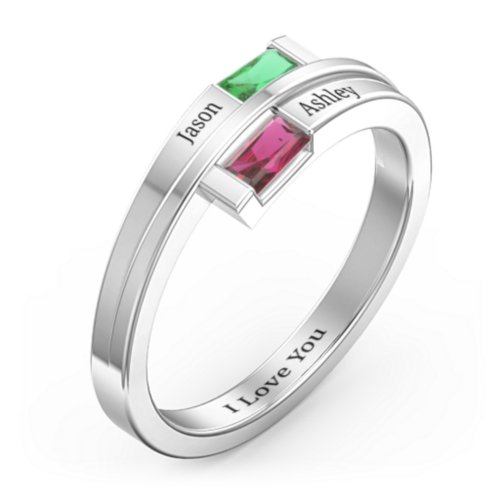 Double Baguette Bypass Ring – Sterling Silver with Emerald and Ruby